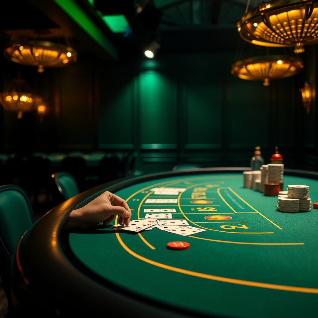 Warmly lit Max Rummy Casino live dealer table in an emerald and gold room